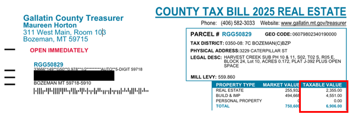 In the example tax statement, the market value is $750,600, the average taxable percent is 0.92%, and there are no applicable exemptions. Thus, the taxable value is $6,906.