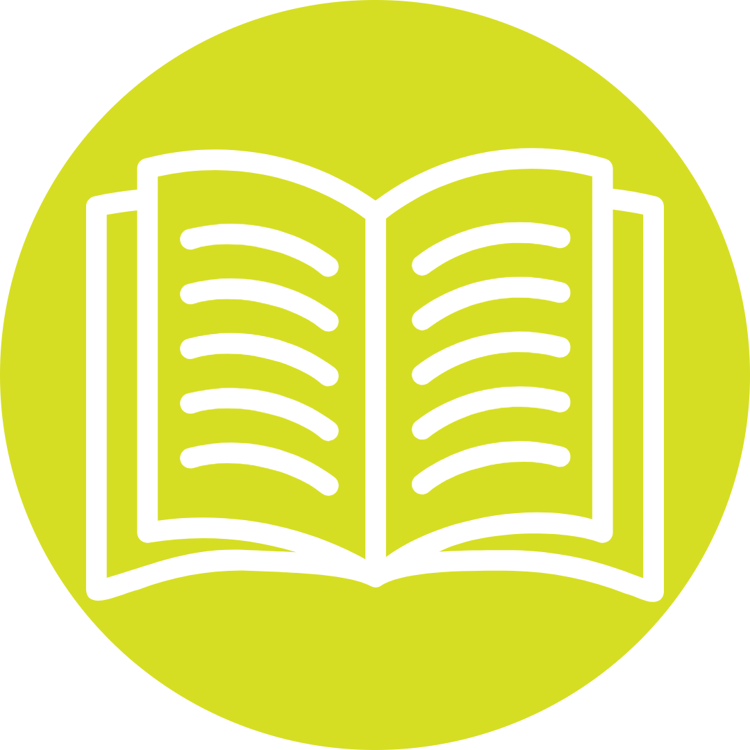 An icon of an open book on a green circle background