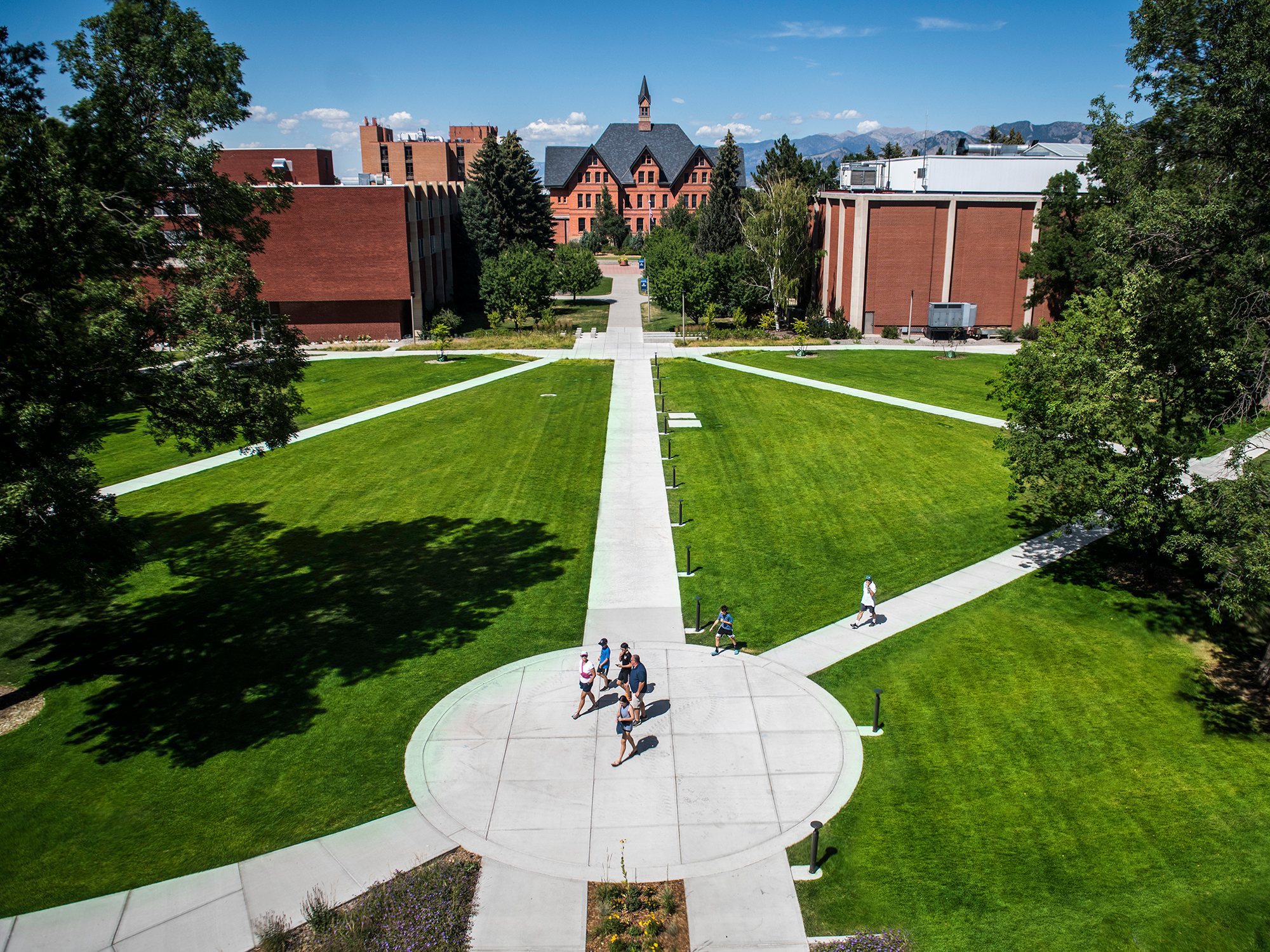 Aerial shot of students walking on a path on campus