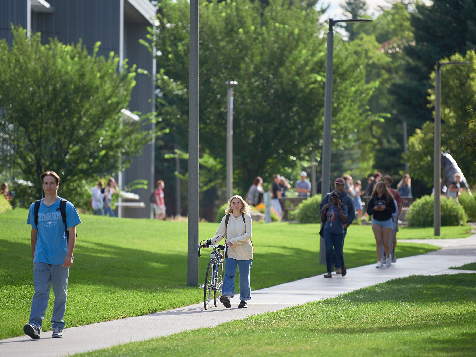 Students walking on a path on campus