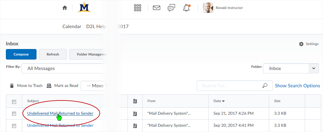 D2L DL CD v1074 screenshot - select the link to an Undelivered mail message