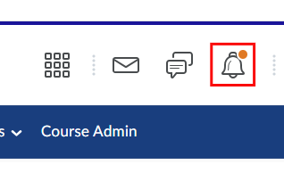 D2L dashboard zoomed in on notfication icon which is outlined in red and has a orange dot in the top right of the notification