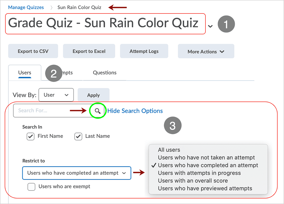 Brightspace screenshot - CD 20_20_04 - Users tab page showing available options such as "Restrict To:" selections related to search functionality