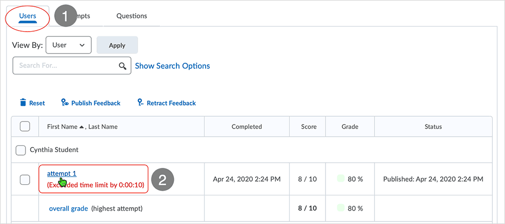 Brightspace screenshot - CD 20_20_04 - Users tab page showing selection of an "attempt-1" link