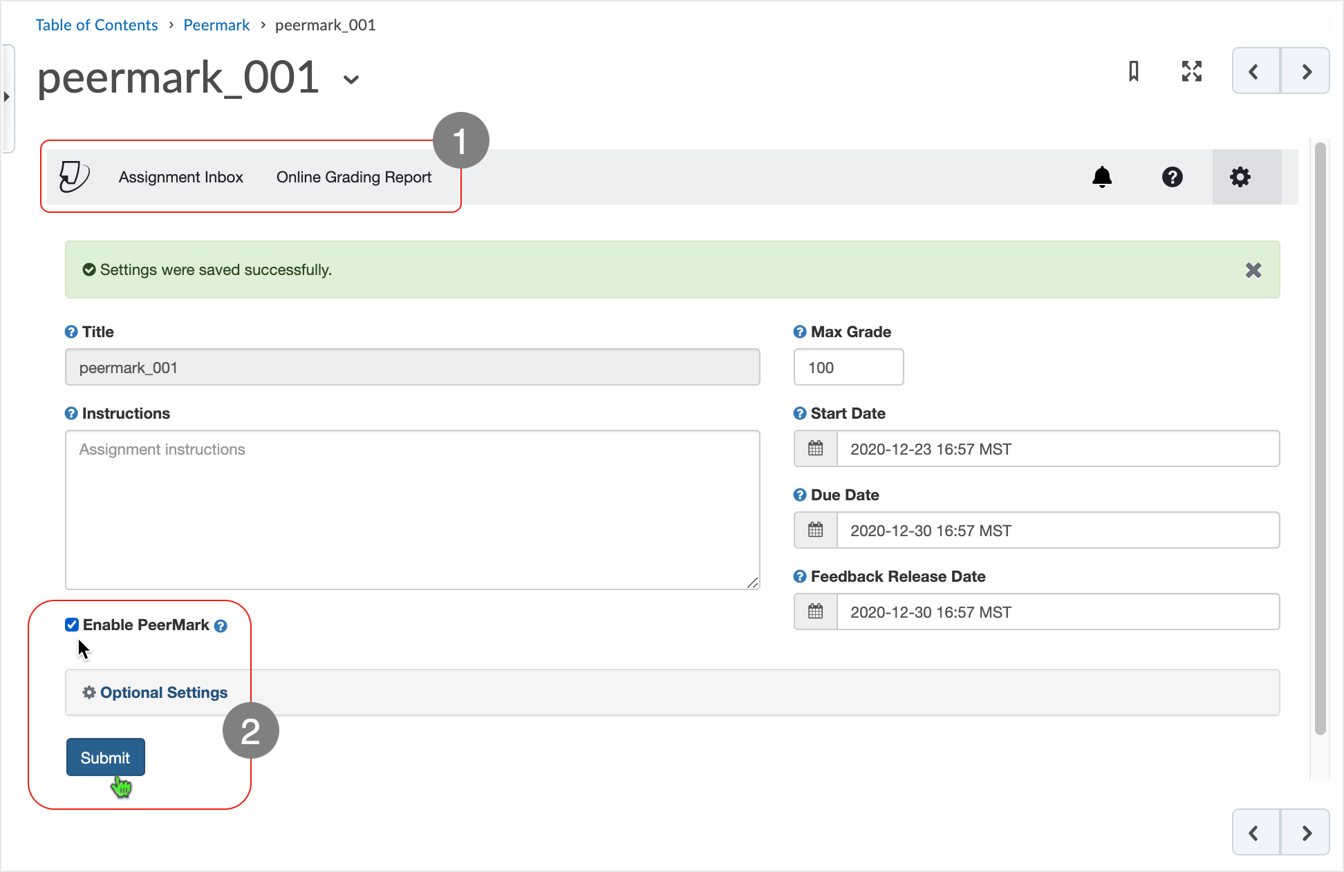 Brightspace screenshot - CD 20_20_12 - Enabling Peermark and selectimng the "Submit" button