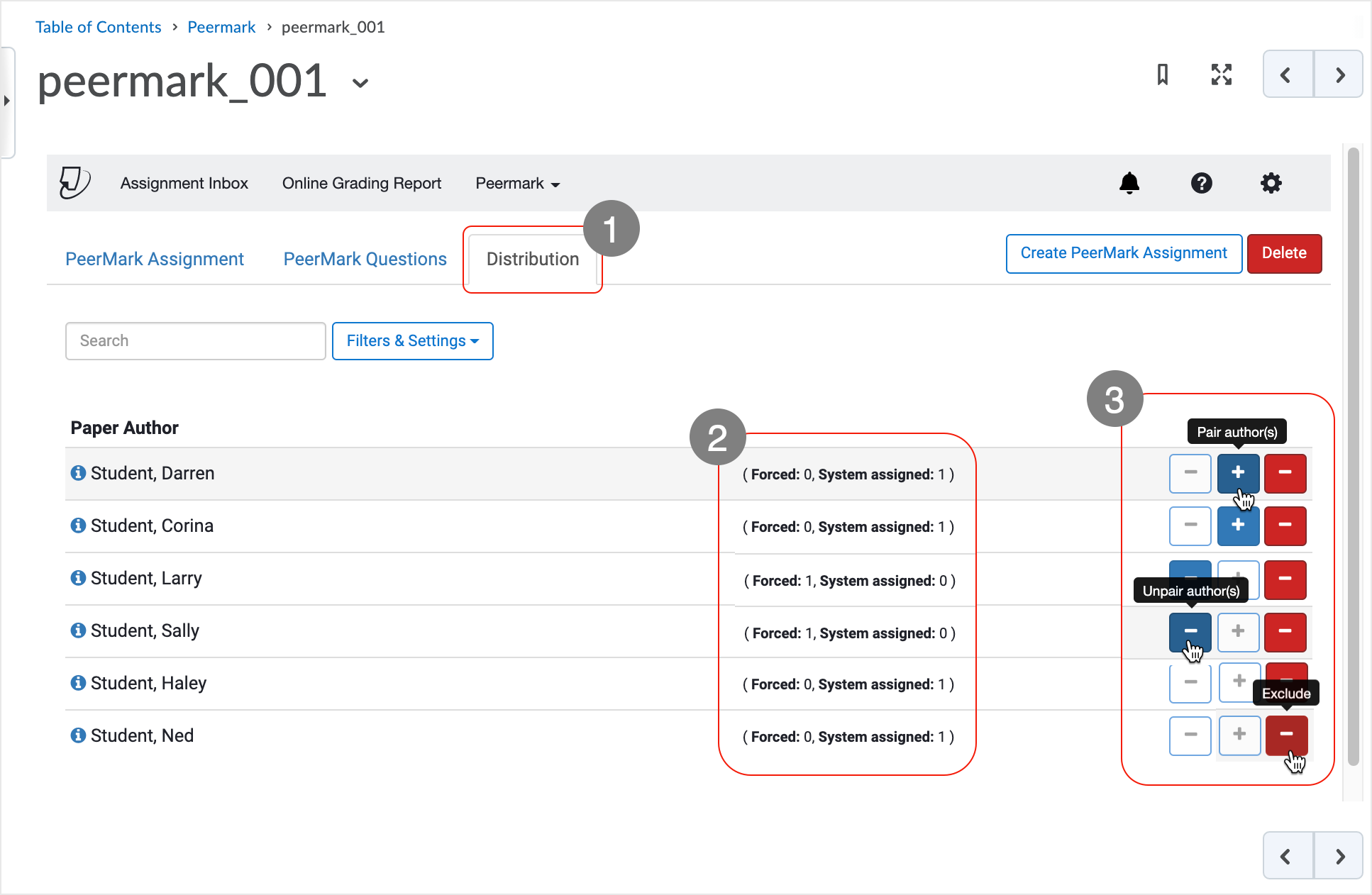Brightspace screenshot - CD 20_20_12 - shows Distribution tab populated with student accounts