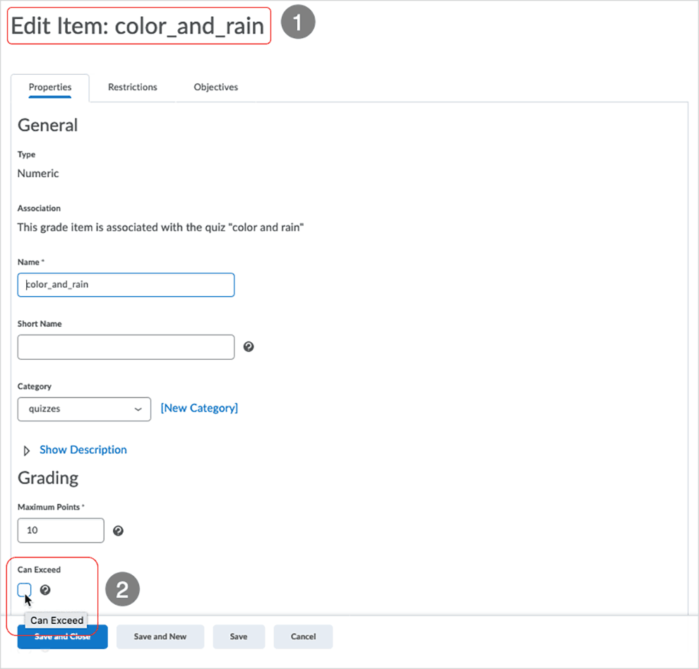 Brightspace screenshot - CD 20_20_04 - Edit grade page related to quiz - select "Can Exceed"