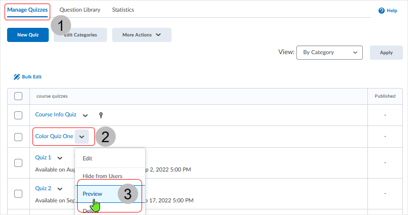 Brightspace screenshot - 20_22_04 - in "Manage Quizzes" area select to "Preview"