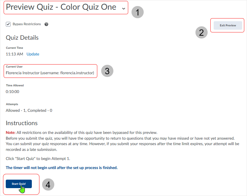 Brightspace screenshot - 20_22_04 - on the "Preview Quiz" page select to start the quiz