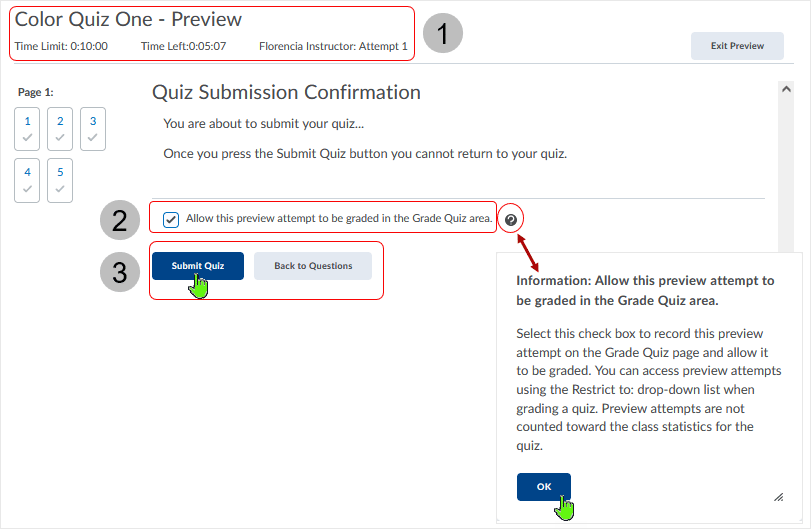 Brightspace screenshot - 20_22_04 - select to "Submit Quiz" or select "Back to Questions" to continue taking the quiz; also, allow preview attempt to be graded or not