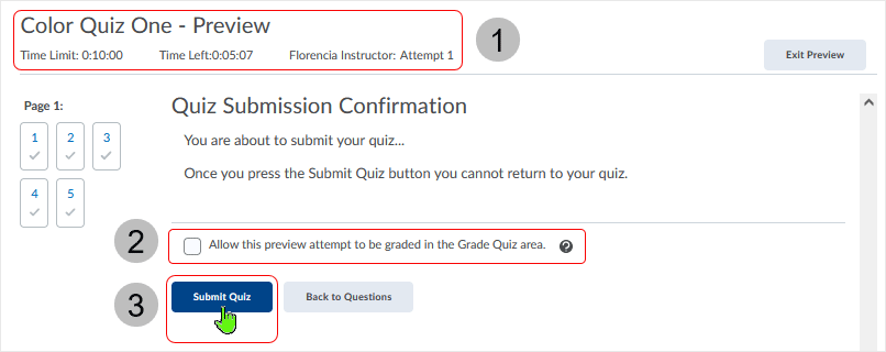 Brightspace screenshot - 20_22_04 - select to "Submit Quiz" or select "Back to Questions" to continue taking the quiz; also, allow preview attempt to be graded or not