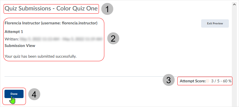 Brightspace screenshot - 20_22_04 - "Quiz Submissions" page displays with 'default' submissions view