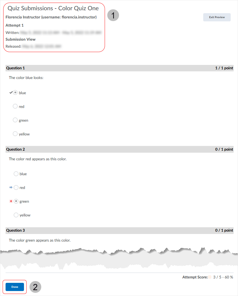 Brightspace screenshot - 20_22_04 - typical display related to the use of an "Additional View" that shows question answers
