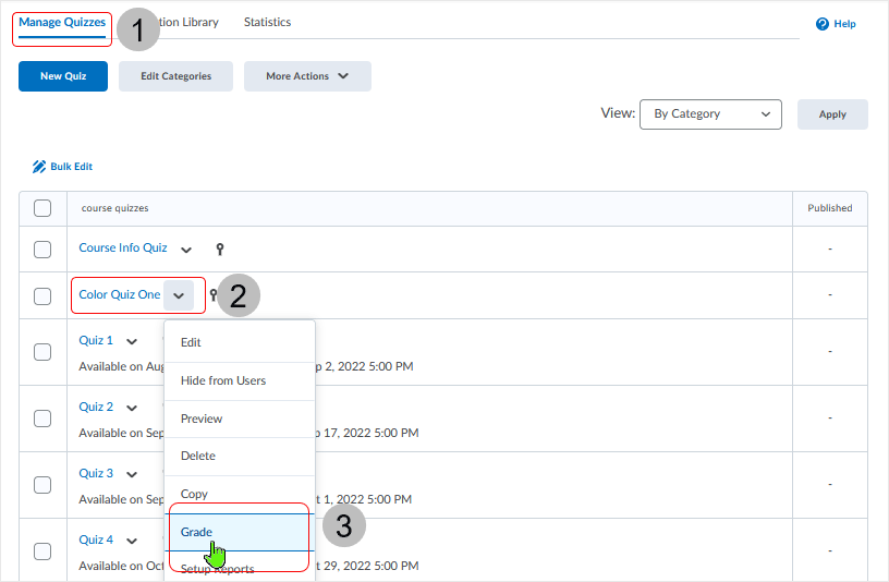 Brightspace screenshot - 20_22_04 - access "Grade" area from contextual menu