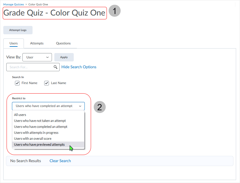 Brightspace screenshot - 20_22_04 - expand "Users > Restrict to" and select "Users who have previewed attempts"