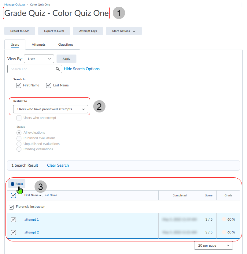 Brightspace screenshot - 20_22_04 - sect the checkboxes associated with the attempts and select to "Reset"