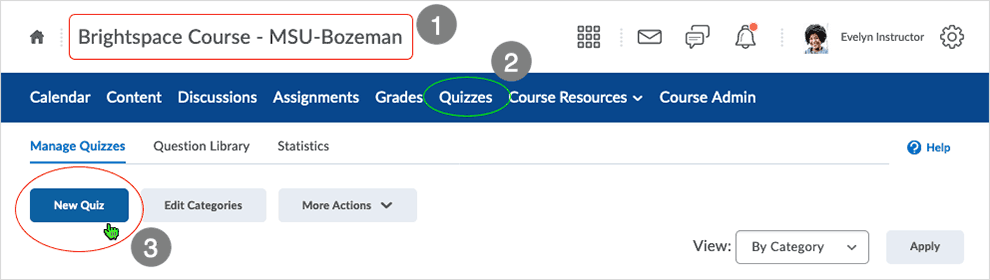 Brightspace screenshot - CD 20_20_04 - select "New Quiz" button