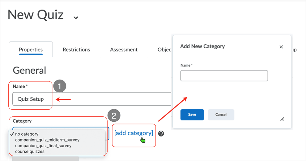 Brightspace screenshot - CD 20_20_04 - Property tab page with directions related to insert name for quiz and select or create new category