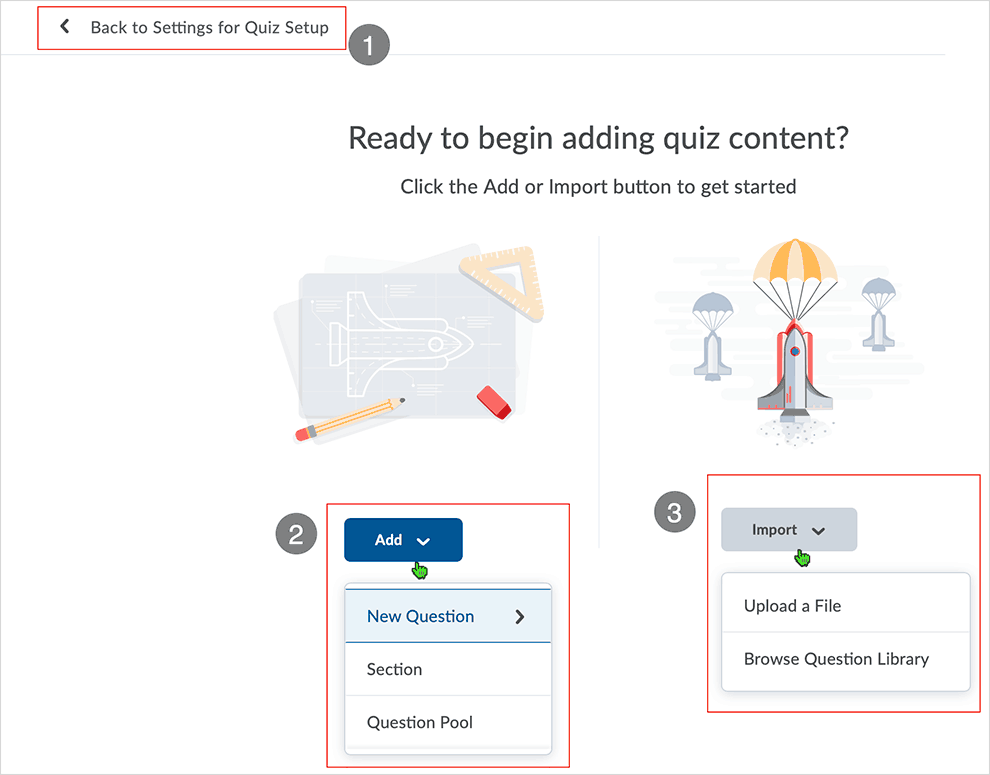 Brightspace screenshot - CD 20_20_04 - Property tab page with directions related to "Ready to begin adding quiz content?" in-between page