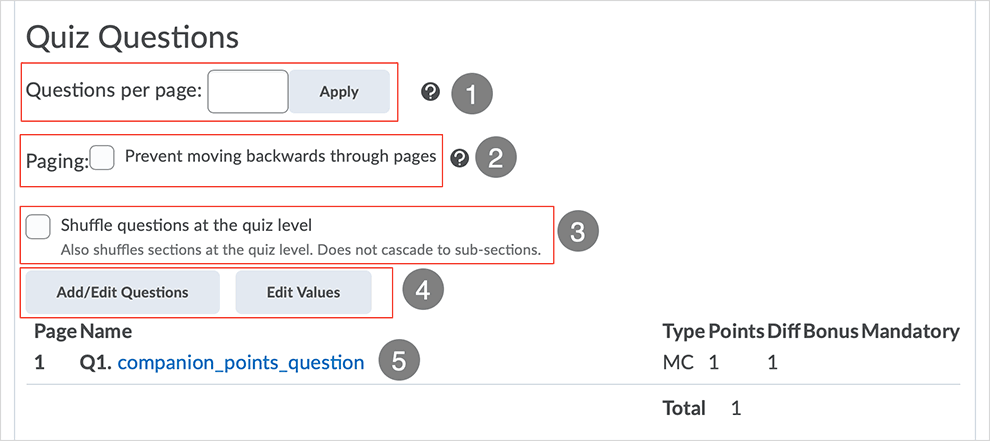 Brightspace screenshot - CD 20_20_04 - Property tab page with directions related to available quiz questions options