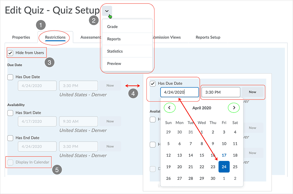 Brightspace screenshot - CD 20_20_04 - Restrictions tab page with directions related to quiz visibility