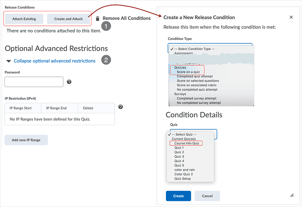 Brightspace screenshot - CD 20_20_04 - Restrictions tab page with directions related to conditional release and optional advanced restrictions