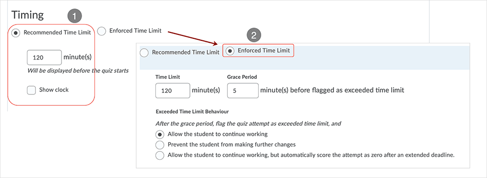Brightspace screenshot - CD 20_20_04 - Restrictions tab page with directions related to quiz timing