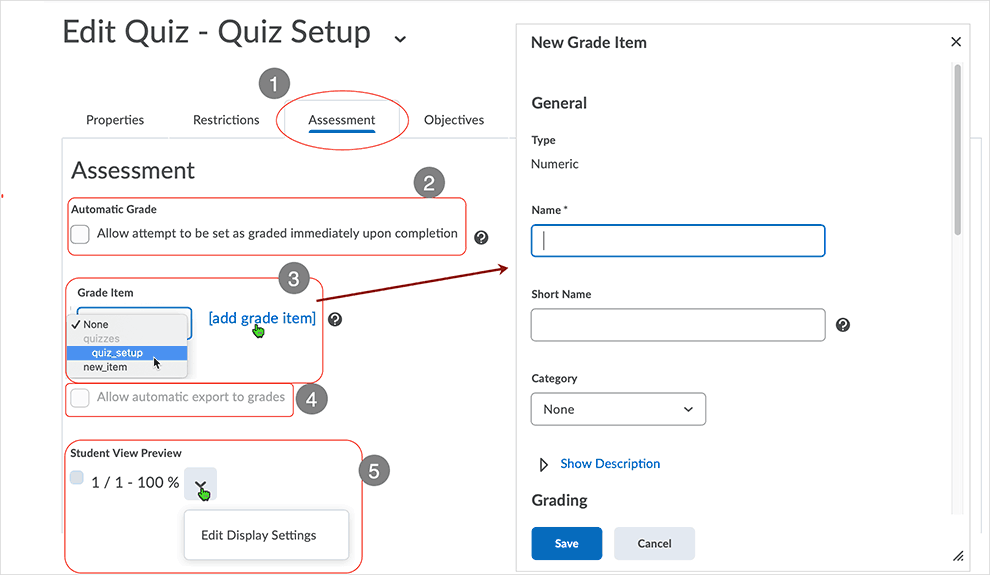 Brightspace screenshot - CD 20_20_04 - Assessment tab page with directions related to associating and managing a grade item for a quiz