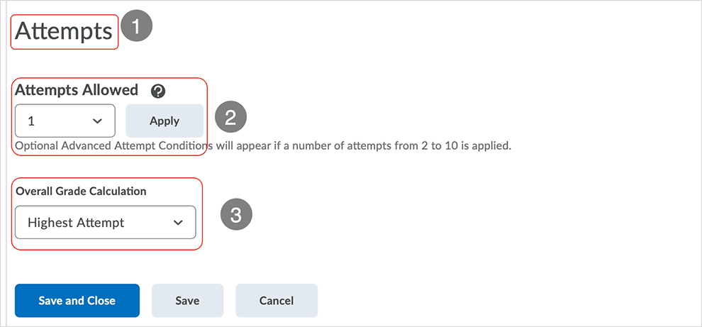 Brightspace screenshot - CD 20_20_04 - Assessment tab page with directions related to quiz attempts default view