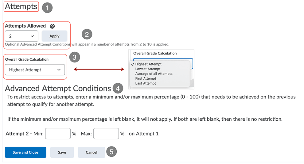 Brightspace screenshot - CD 20_20_04 - Assessment tab page with directions related to quiz attempts advanced view
