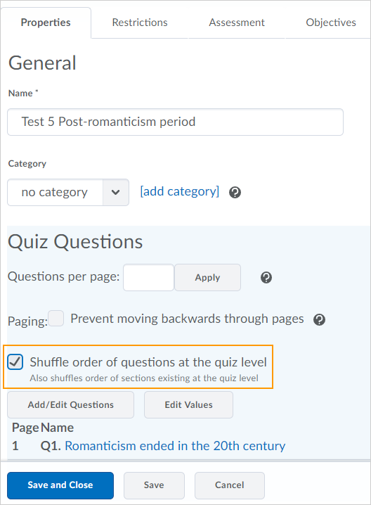 D2L DL CD v1073 screenshot - shows the shuffle questions checkbox option