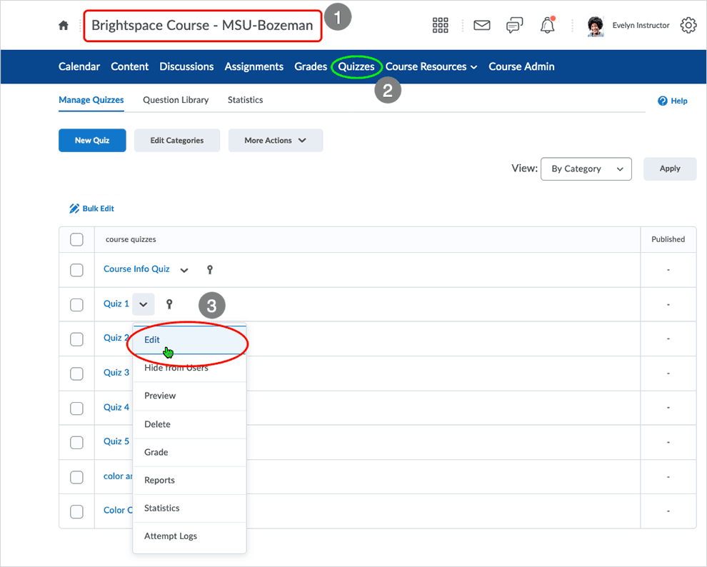 Brightspace screenshot - CD 20_20_04 - access editing the quiz via the contextual menu "Edit" selection