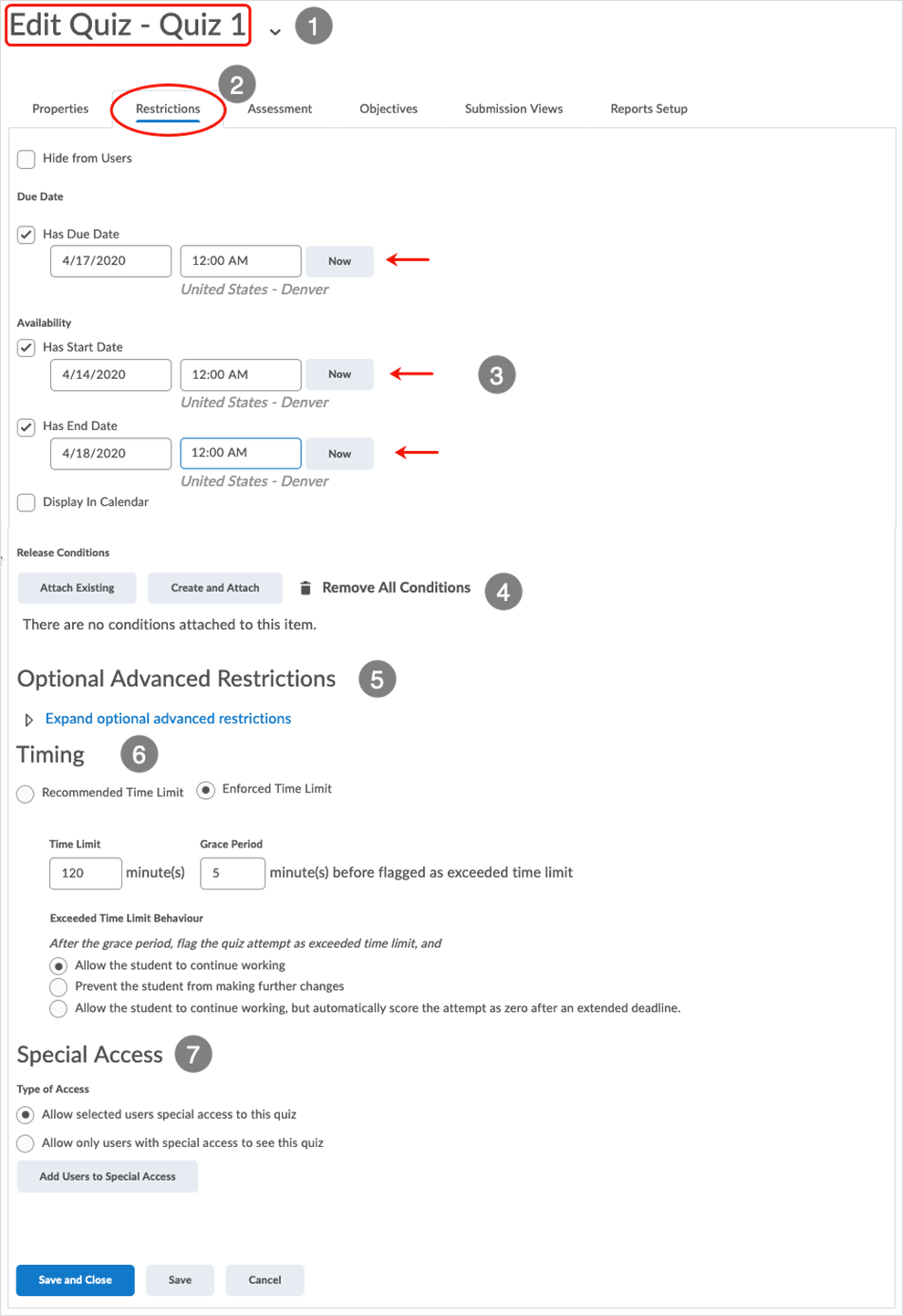 Brightspace screenshot - CD 20_20_04 - outline of the "Restrictions" tab when editing a quiz