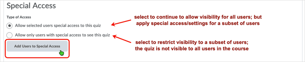 Brightspace screenshot - CD 20_20_04 - selection of the "Add Users to Special Access" button
