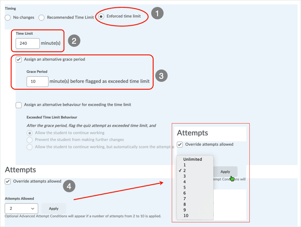 Brightspace screenshot - CD 20_20_04 - showing Timing set up and Attempts properties
