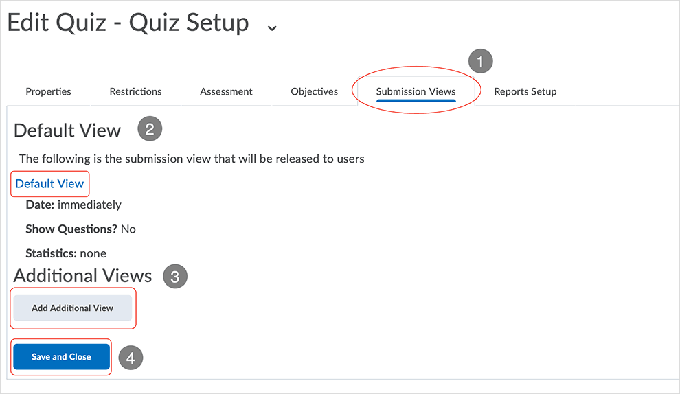 Brightspace screenshot - CD 20_20_04 - Submission Views tab page with directions related to default view