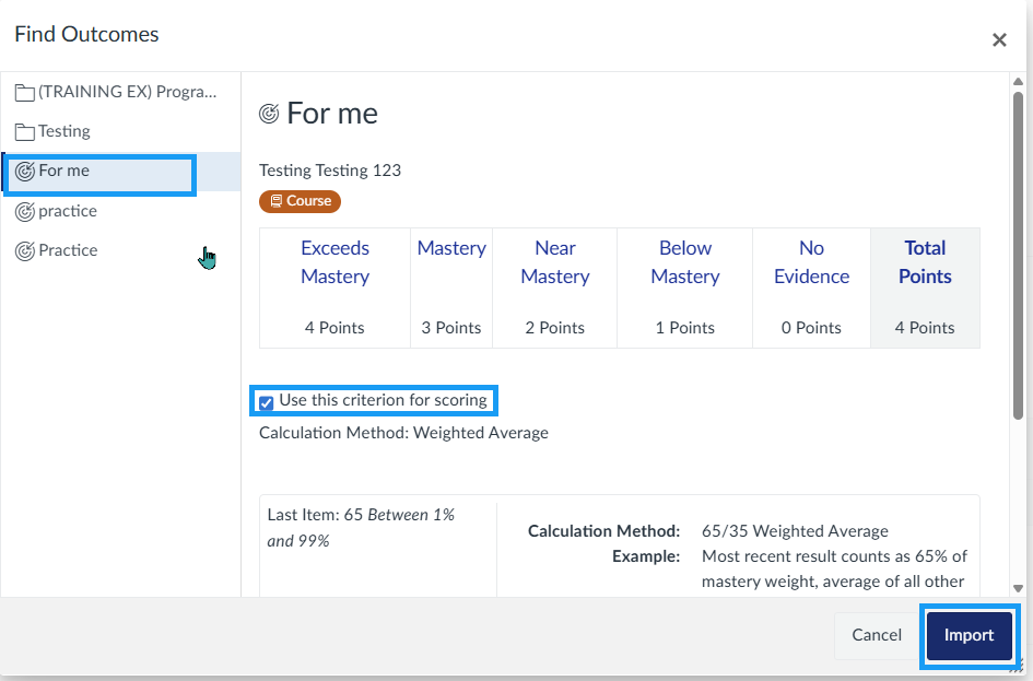 List of outcomes to attach to a rubric