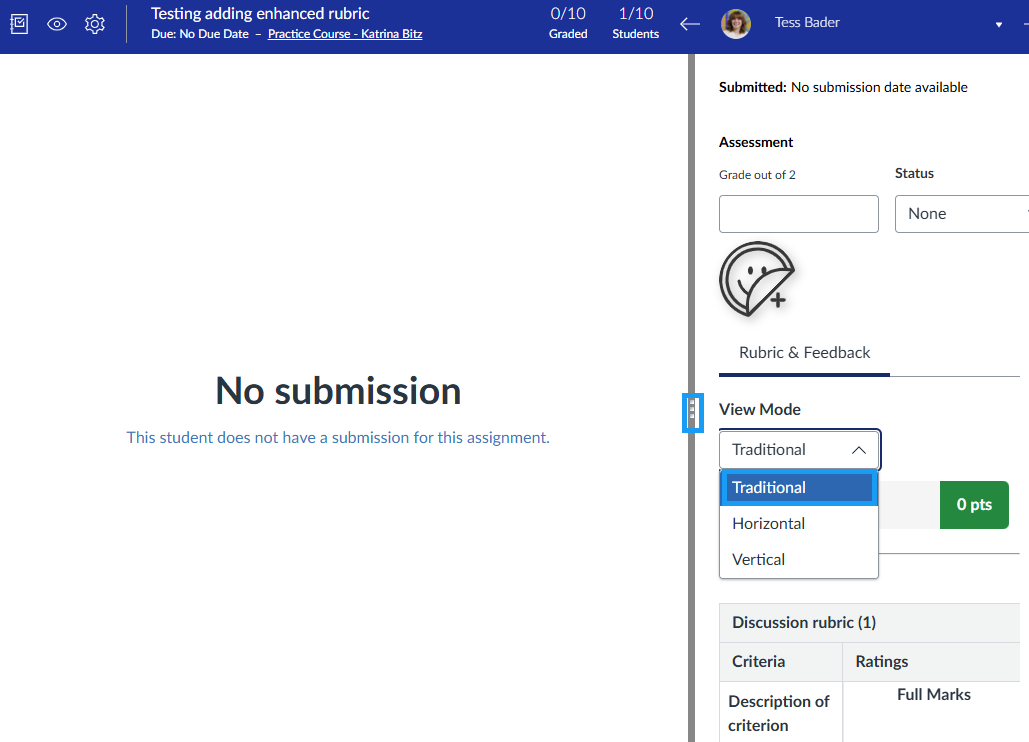 Canvas SpeedGrader view showing the Rubric and Feedback panel with the View Mode menu expanded and the Traditional, Horizontal, and Vertical rubric layout options displayed