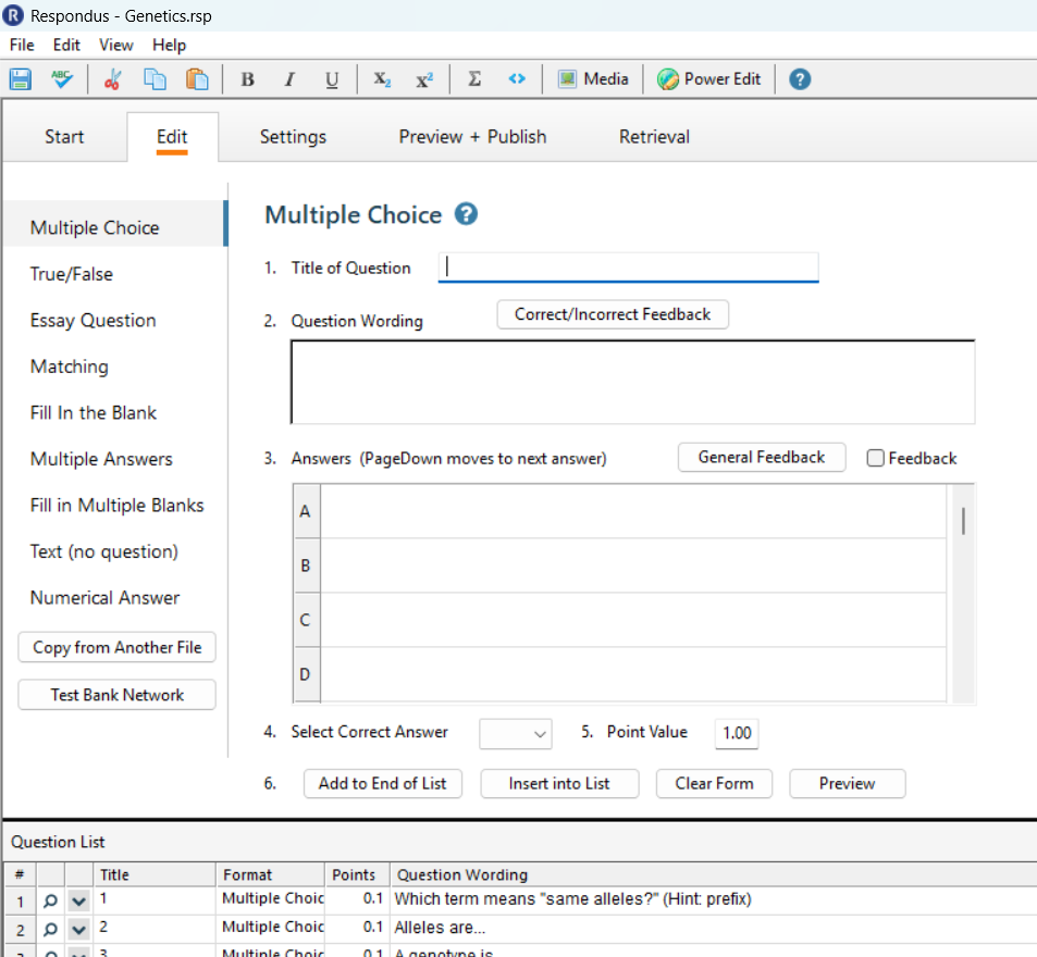 Respondus edit window with a list of the questions and answers