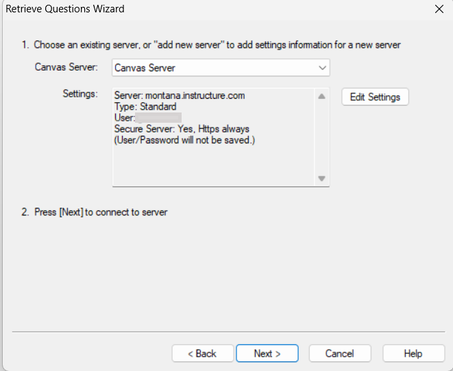 respondus window with the newly created server and settings