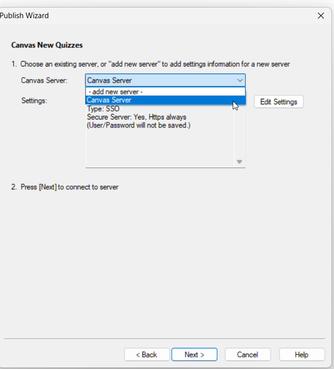 respondus server page with the option to add a new one or the Canvas one