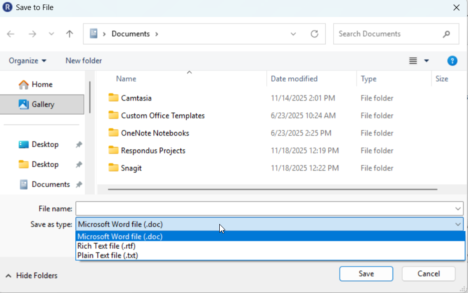 Desktop save window showing the various formats to save a file