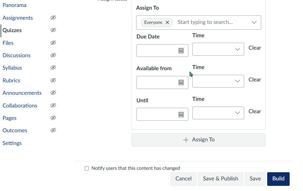 Bottom of the Canvas quiz settings with buttons to save, publish, and build