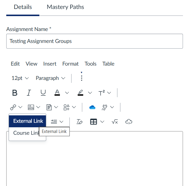 Assignment window with the link icon selected and the external link option in focus