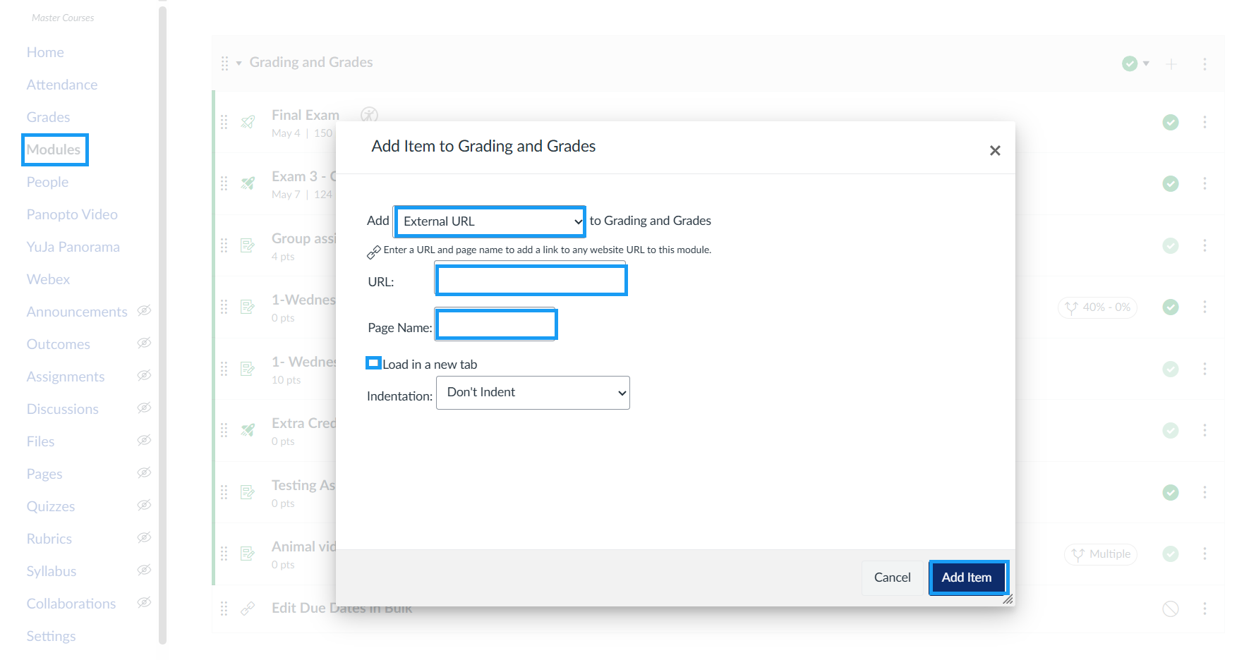 Canvas add item window for external links with various fields to enter for the link