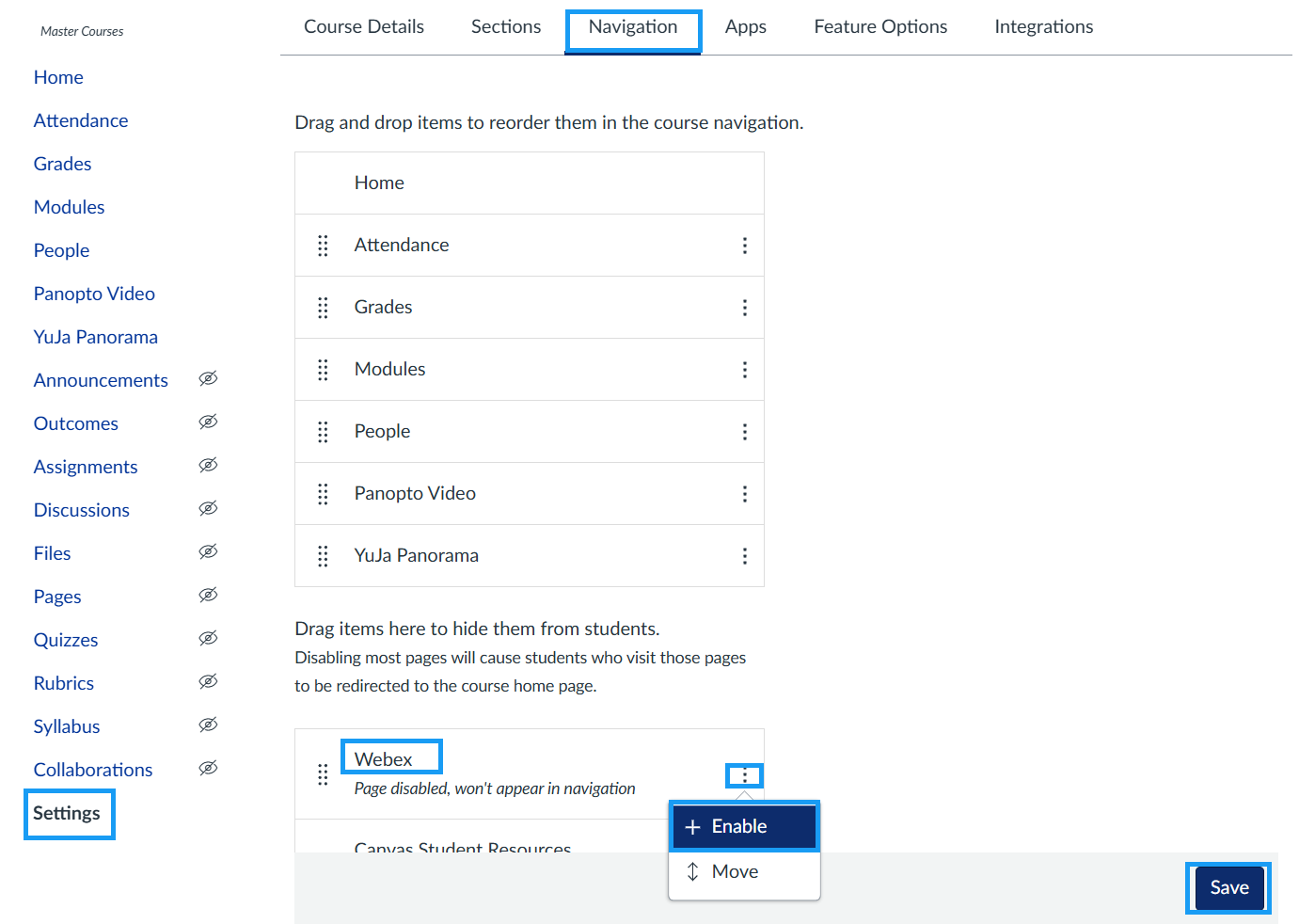 Canvas settings page with the navigation tab in focus with a list of all the possible items for the course navigation. 