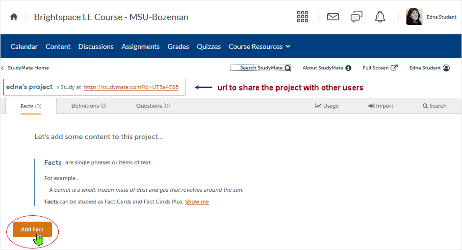 Brightspace_StudyMate screenshot 20.19.10 - select "Add Fact" to continue adding facts into the project