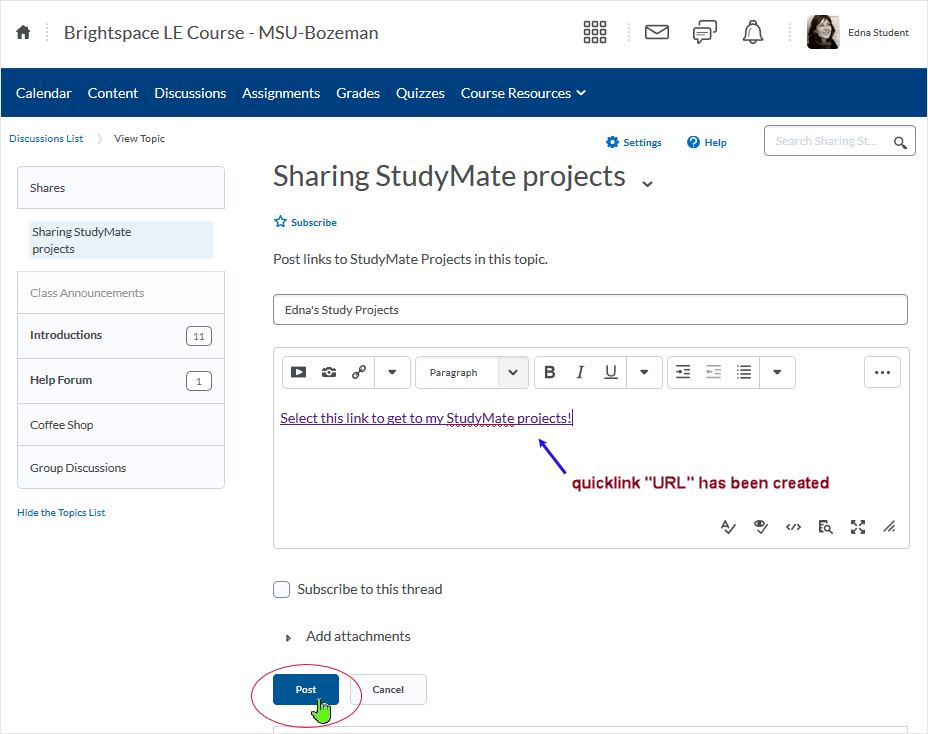 Brightspace_StudyMate screenshot 20.19.10 - shows indicators related to the quicklink having been created - select "Post" to add the thread to the topic