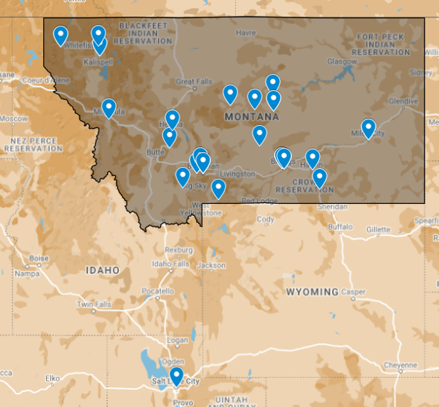 Map with twenty-one markers across Montana and one in Salt Lake City