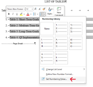 Image showing the Set Numbering Value option under list options.